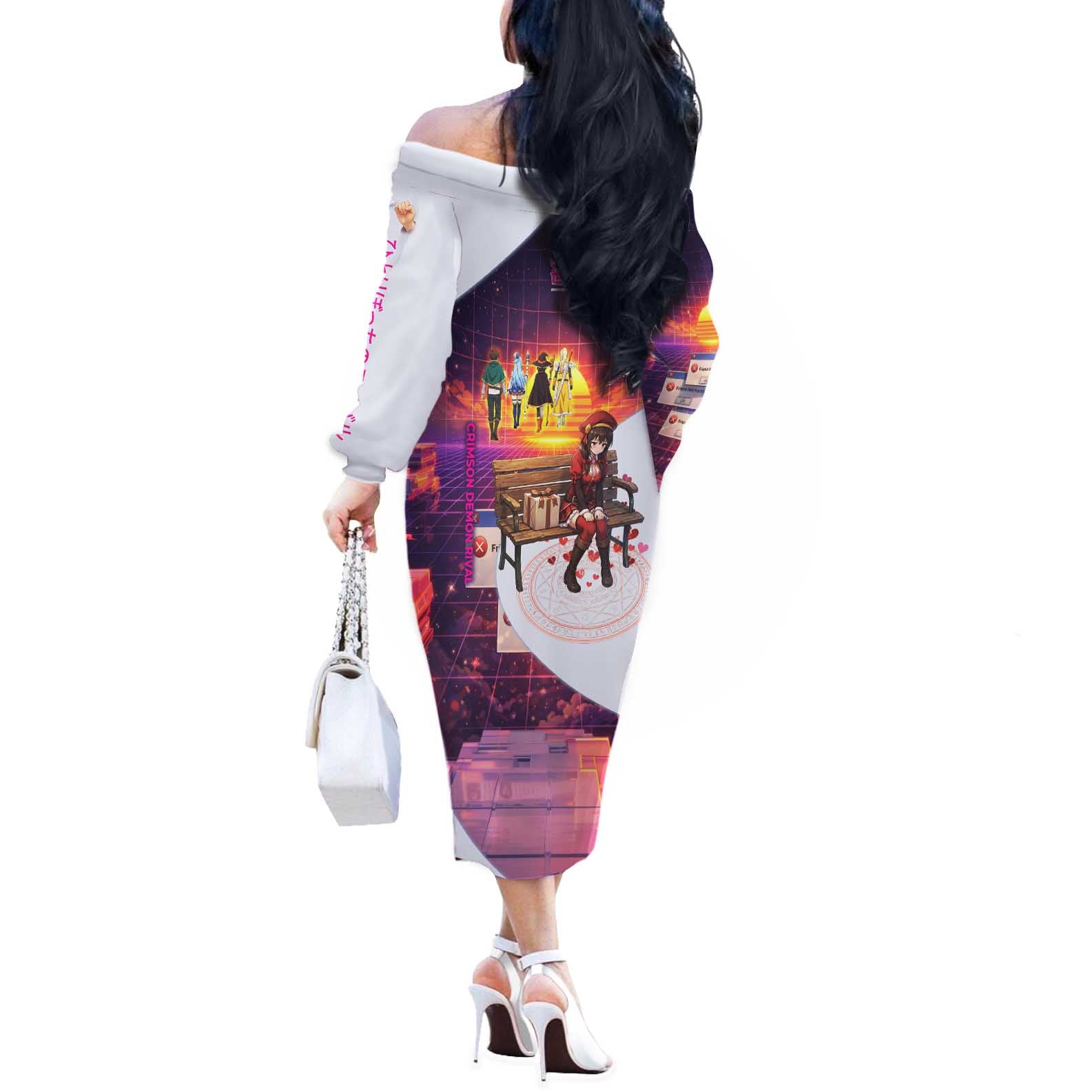 Friend Not Found Konosuba Tribute Off The Shoulder Long Sleeve Dress Vaporwave Digital Nostalgia Style