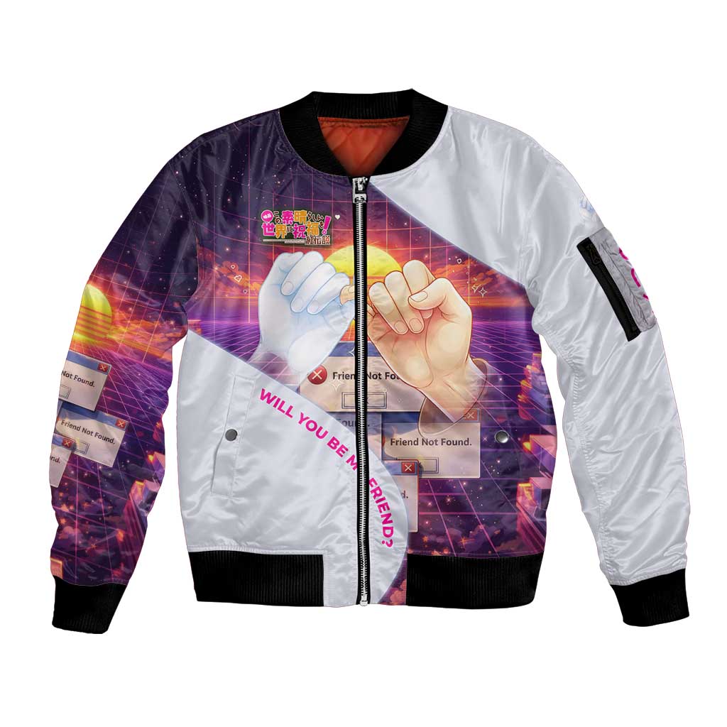 Friend Not Found Konosuba Tribute Sleeve Zip Bomber Jacket Vaporwave Digital Nostalgia Style