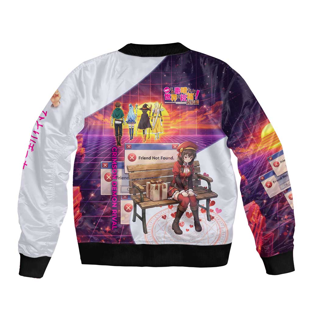 Friend Not Found Konosuba Tribute Sleeve Zip Bomber Jacket Vaporwave Digital Nostalgia Style
