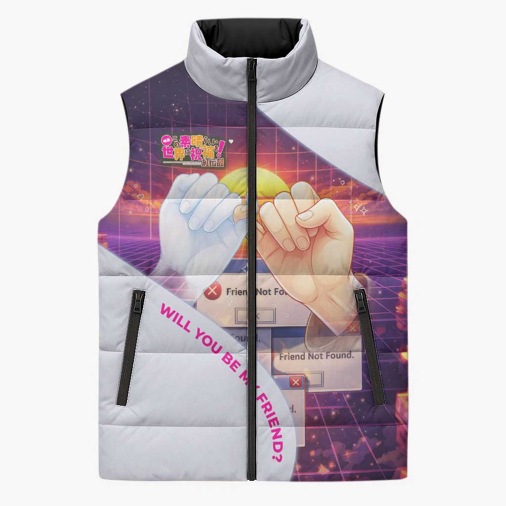 Friend Not Found Konosuba Tribute Sleeveless Puffer Jacket Vaporwave Digital Nostalgia Style