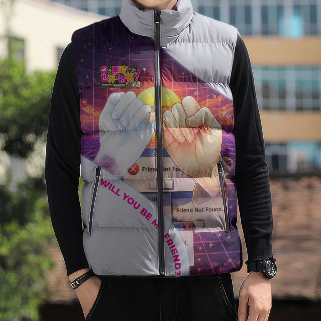 Friend Not Found Konosuba Tribute Sleeveless Puffer Jacket Vaporwave Digital Nostalgia Style