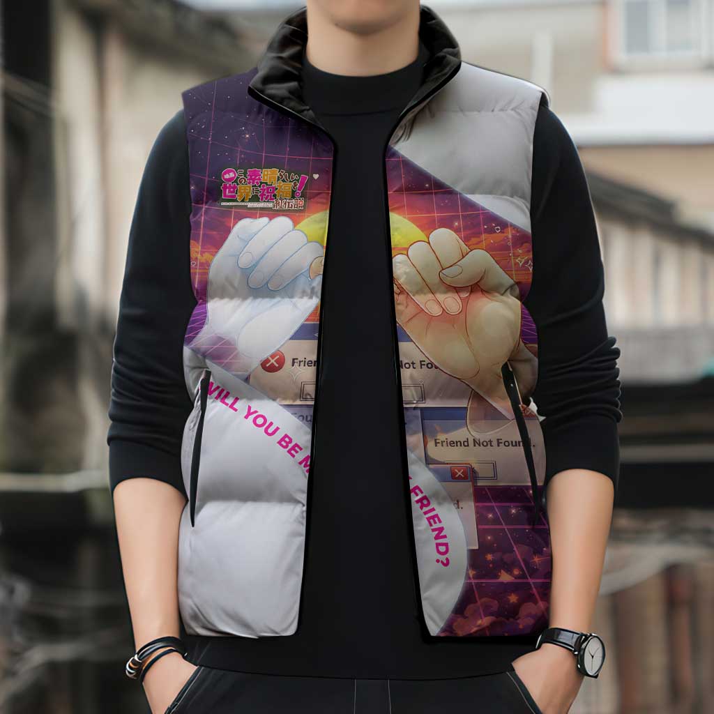 Friend Not Found Konosuba Tribute Sleeveless Puffer Jacket Vaporwave Digital Nostalgia Style