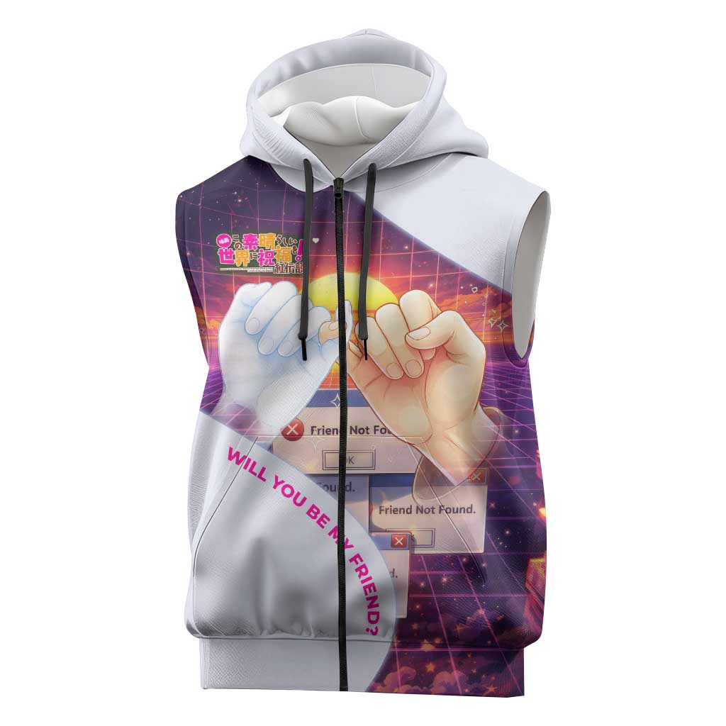 Friend Not Found Konosuba Tribute Sleeveless Zip Hoodie Vaporwave Digital Nostalgia Style