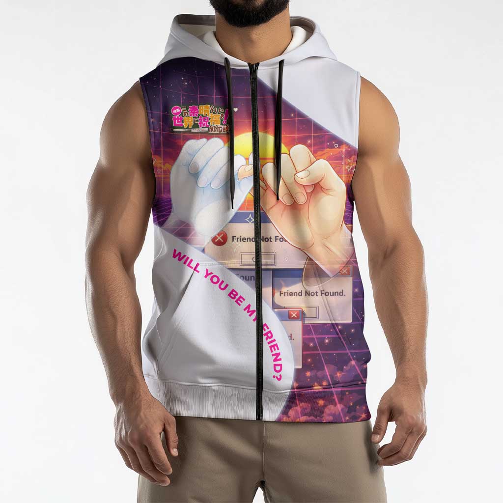 Friend Not Found Konosuba Tribute Sleeveless Zip Hoodie Vaporwave Digital Nostalgia Style