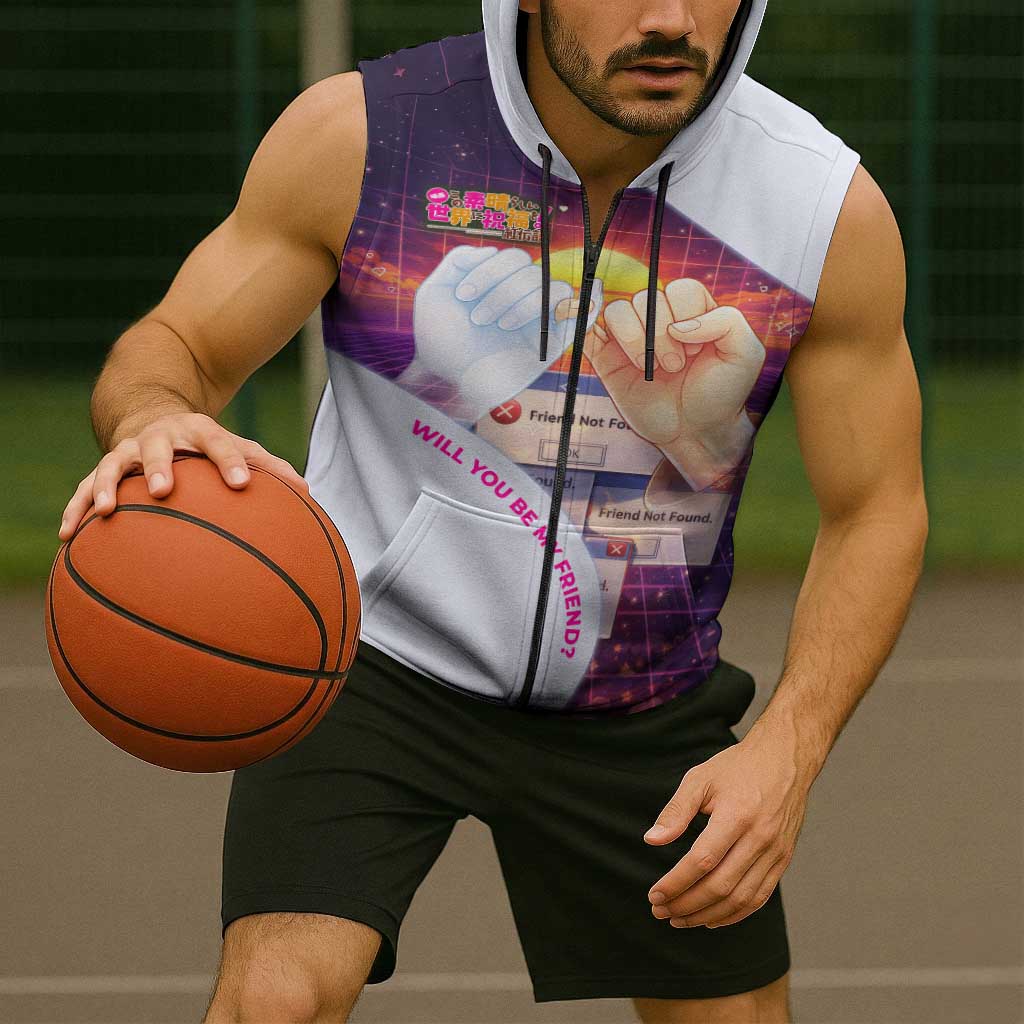 Friend Not Found Konosuba Tribute Sleeveless Zip Hoodie Vaporwave Digital Nostalgia Style