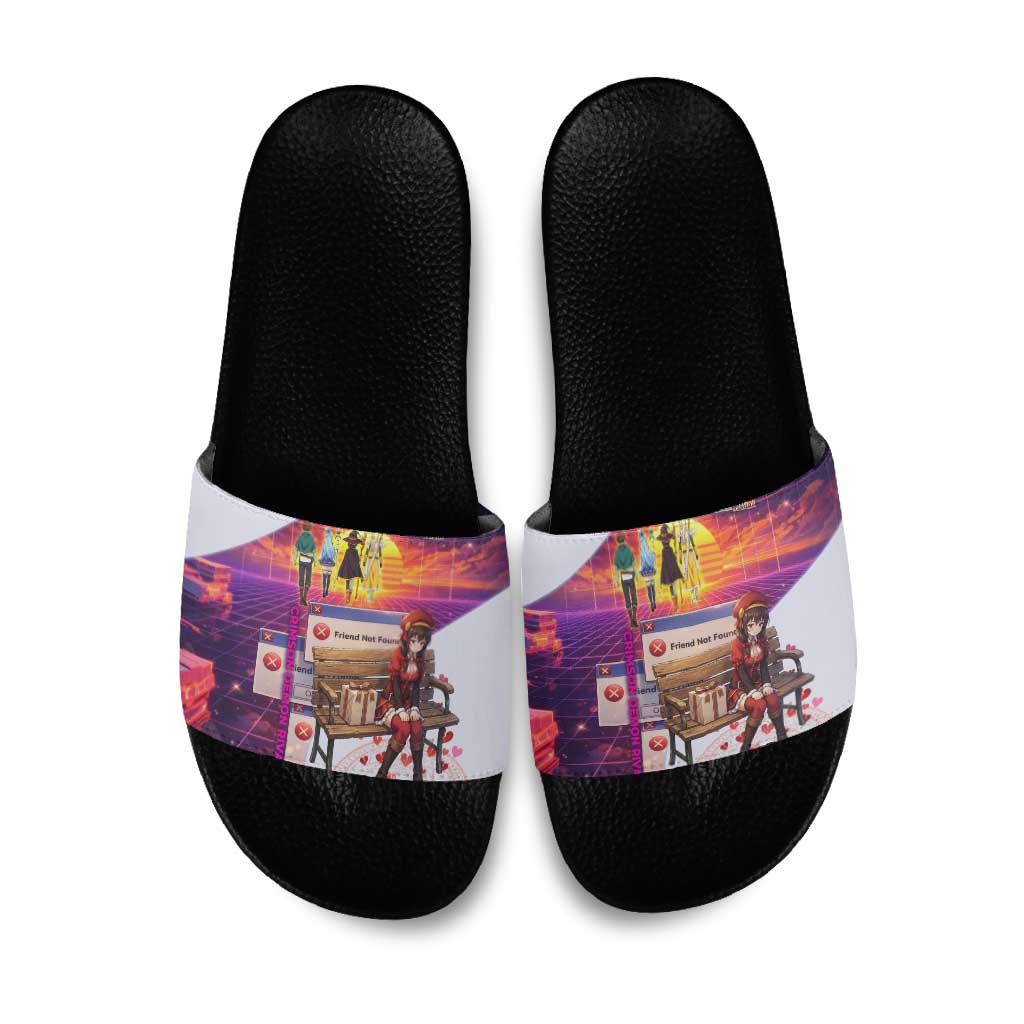 Friend Not Found Konosuba Tribute Slide Sandals Vaporwave Digital Nostalgia Style
