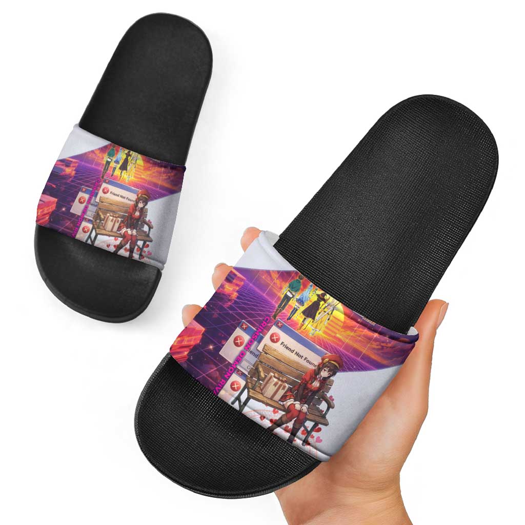Friend Not Found Konosuba Tribute Slide Sandals Vaporwave Digital Nostalgia Style