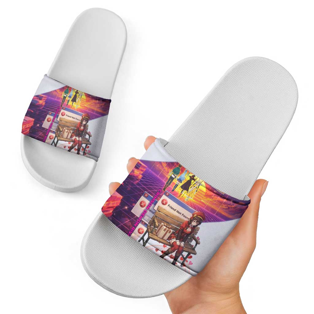 Friend Not Found Konosuba Tribute Slide Sandals Vaporwave Digital Nostalgia Style