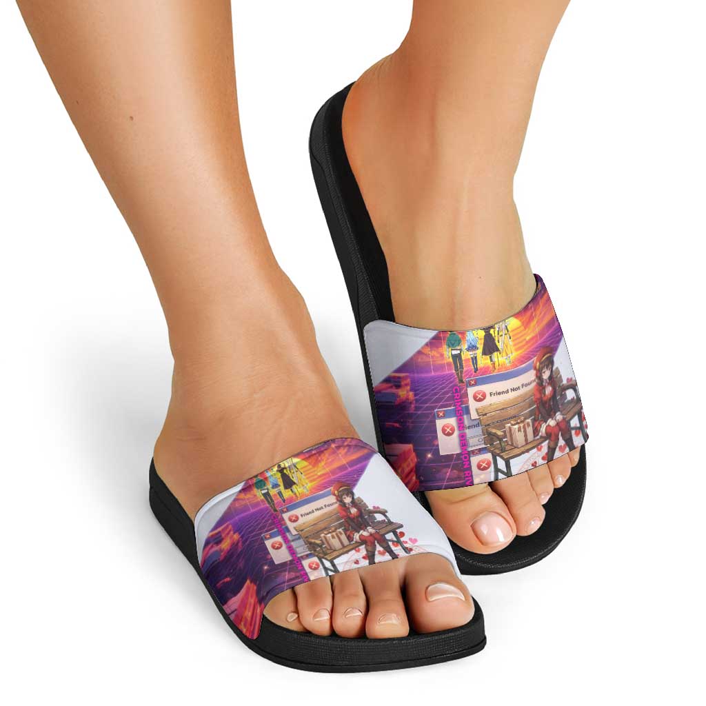 Friend Not Found Konosuba Tribute Slide Sandals Vaporwave Digital Nostalgia Style