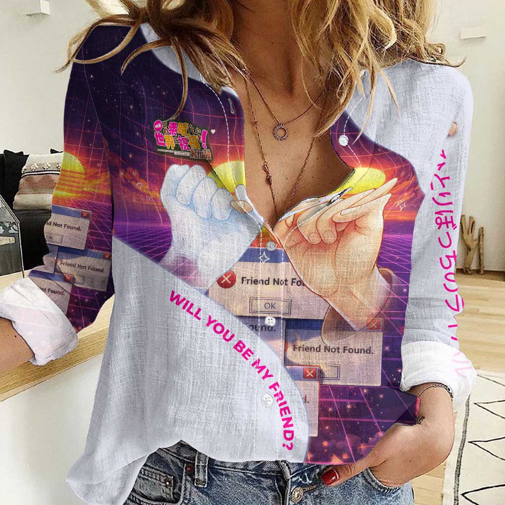 Friend Not Found Konosuba Tribute Women Casual Shirt Vaporwave Digital Nostalgia Style