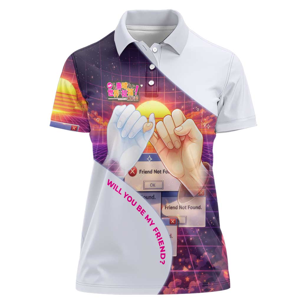 Friend Not Found Konosuba Tribute Women Polo Shirt Vaporwave Digital Nostalgia Style