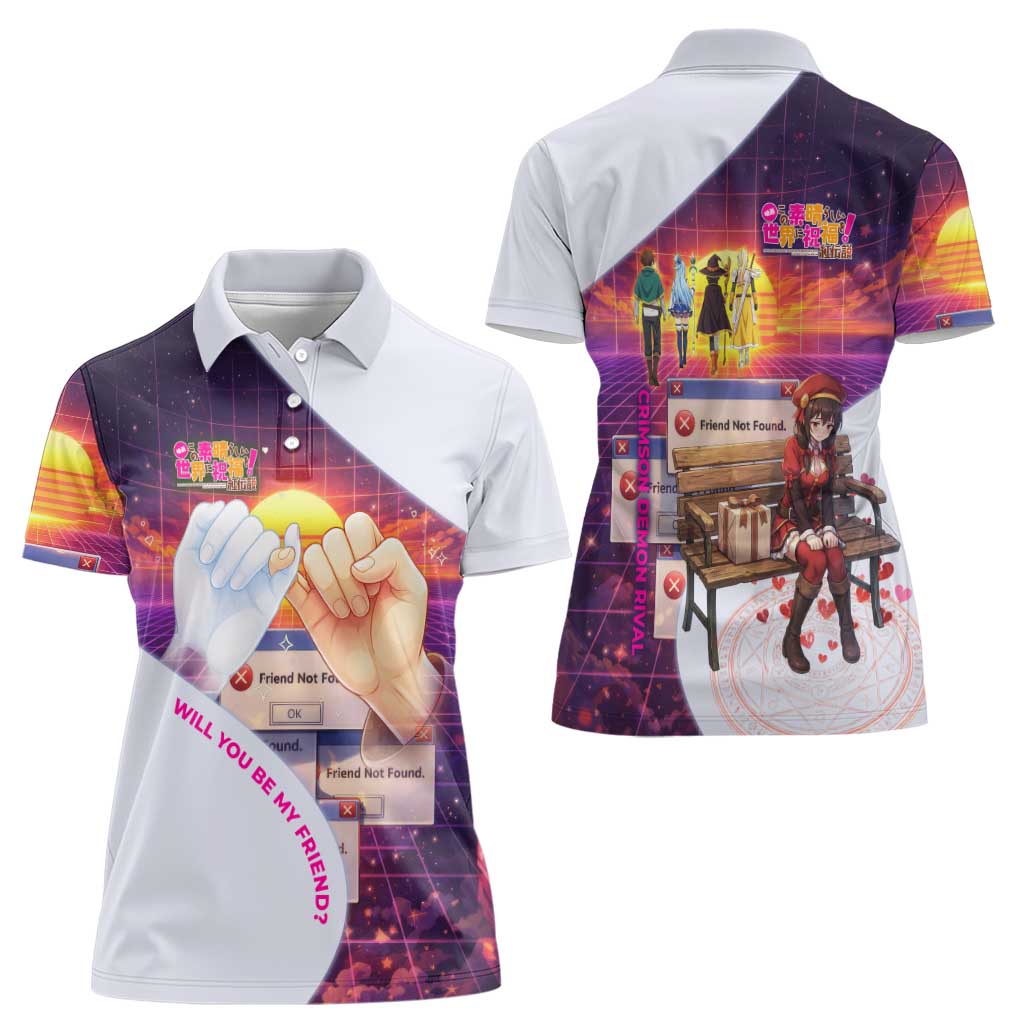 Friend Not Found Konosuba Tribute Women Polo Shirt Vaporwave Digital Nostalgia Style