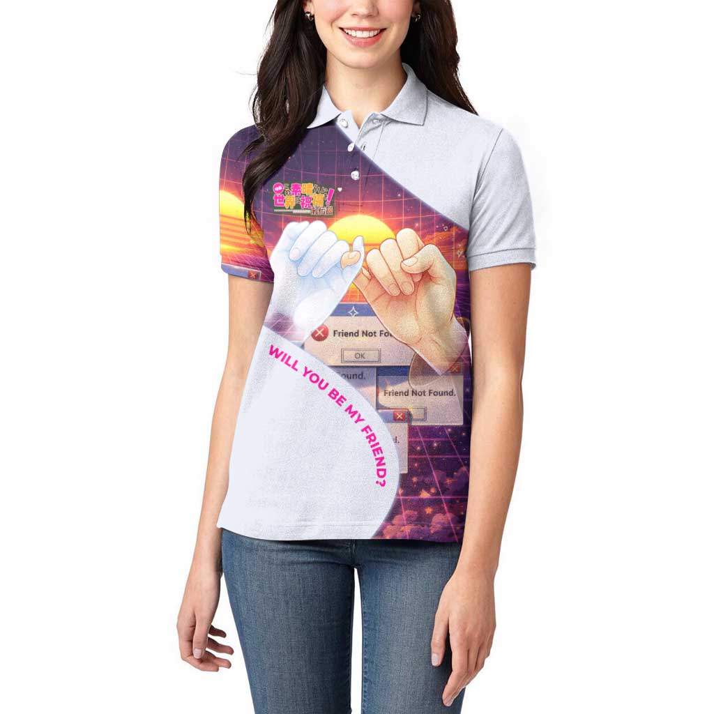 Friend Not Found Konosuba Tribute Women Polo Shirt Vaporwave Digital Nostalgia Style