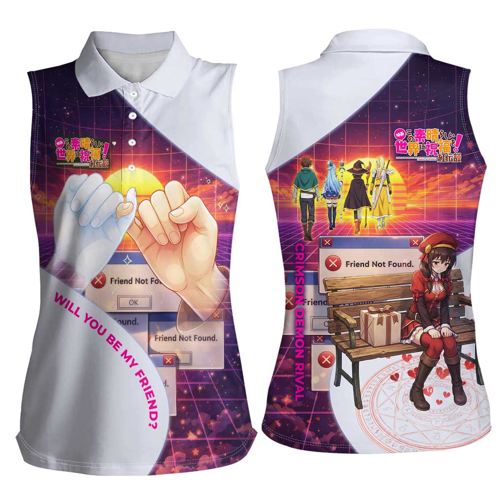 Friend Not Found Konosuba Tribute Women Sleeveless Polo Shirt Vaporwave Digital Nostalgia Style