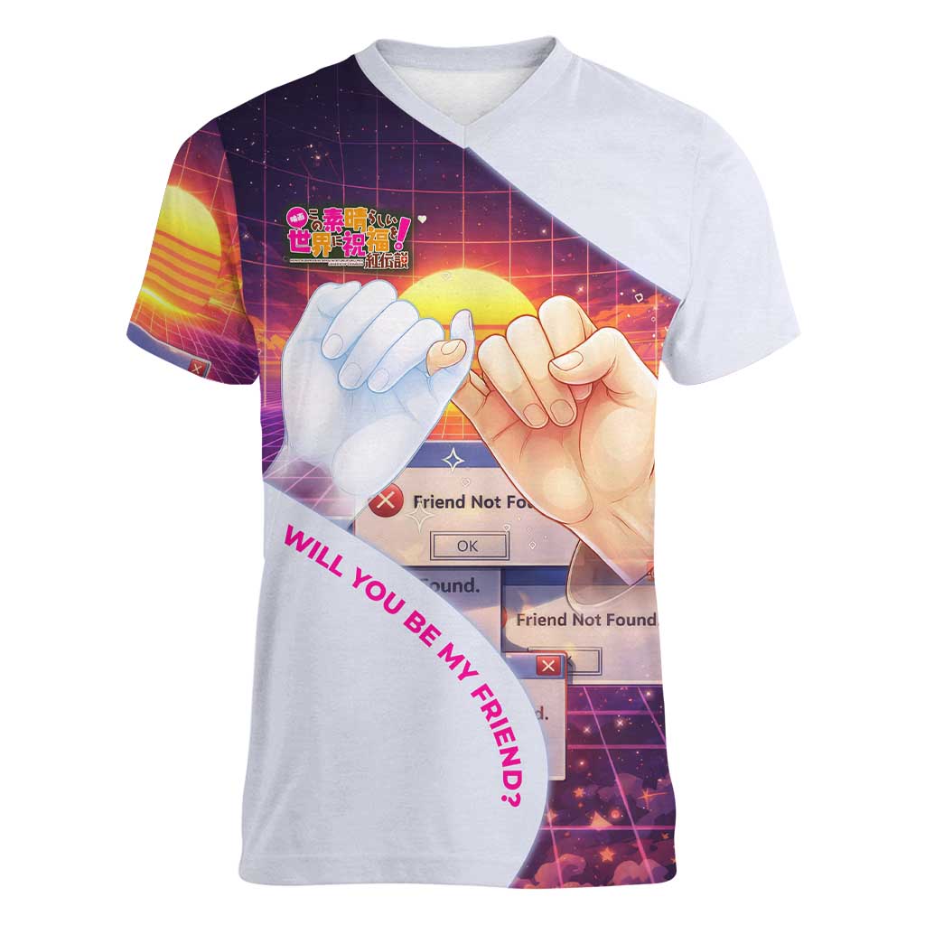 Friend Not Found Konosuba Tribute Women V-Neck T-Shirt Vaporwave Digital Nostalgia Style