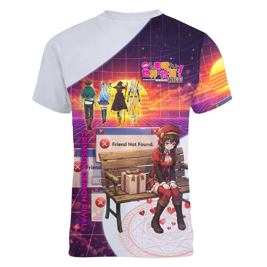 Friend Not Found Konosuba Tribute Women V-Neck T-Shirt Vaporwave Digital Nostalgia Style