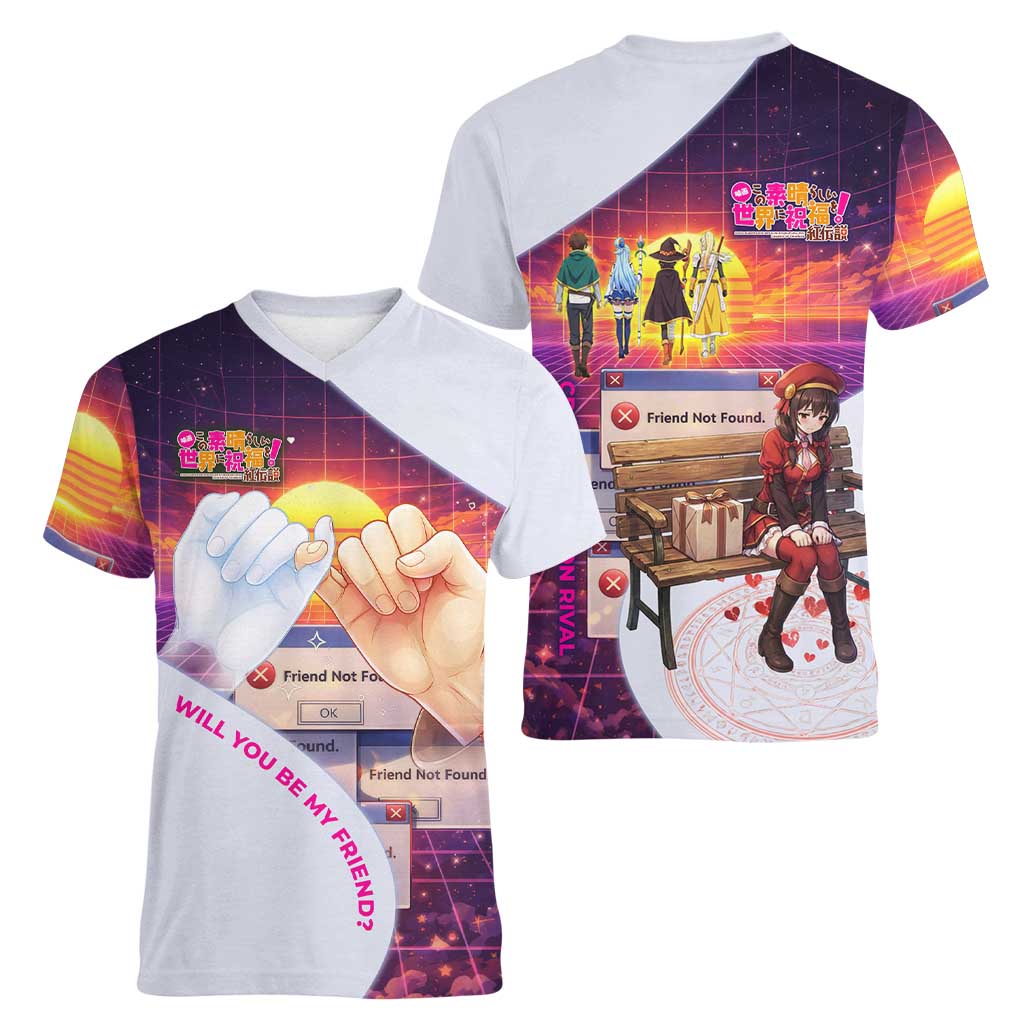 Friend Not Found Konosuba Tribute Women V-Neck T-Shirt Vaporwave Digital Nostalgia Style
