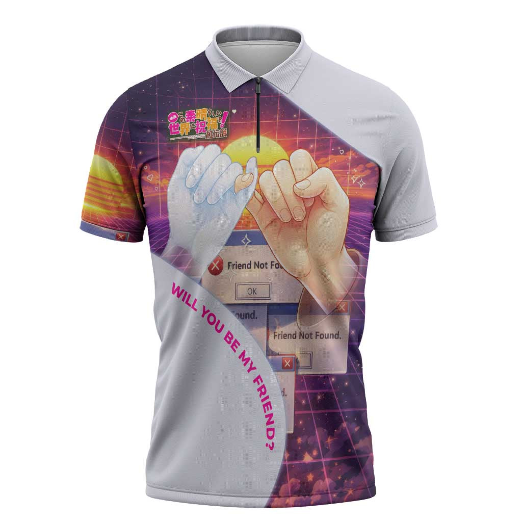 Friend Not Found Konosuba Tribute Zipper Polo Shirt Vaporwave Digital Nostalgia Style
