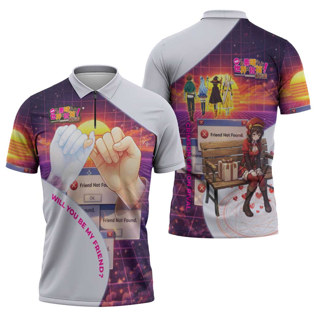 Friend Not Found Konosuba Tribute Zipper Polo Shirt Vaporwave Digital Nostalgia Style