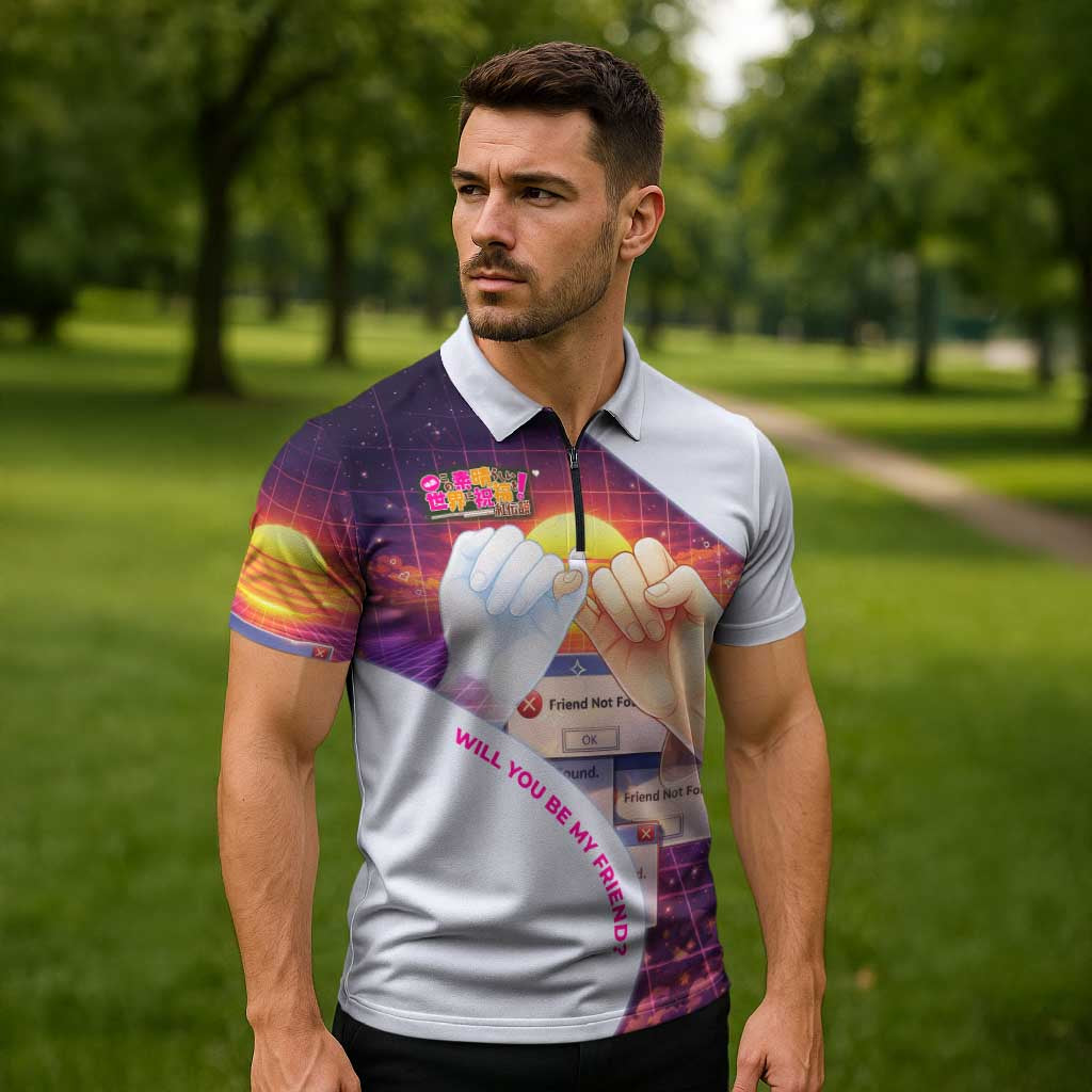Friend Not Found Konosuba Tribute Zipper Polo Shirt Vaporwave Digital Nostalgia Style