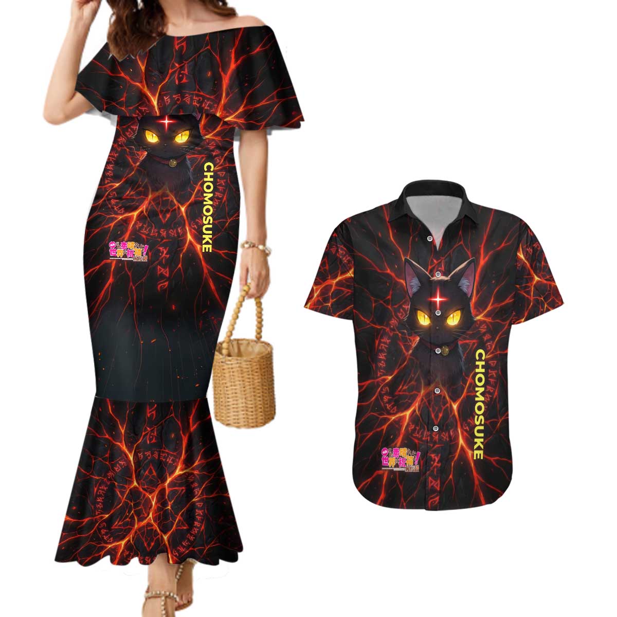 Chomosuke Demon Familiar Couples Matching Mermaid Dress and Hawaiian Shirt Infernal Rune Flame Art Style