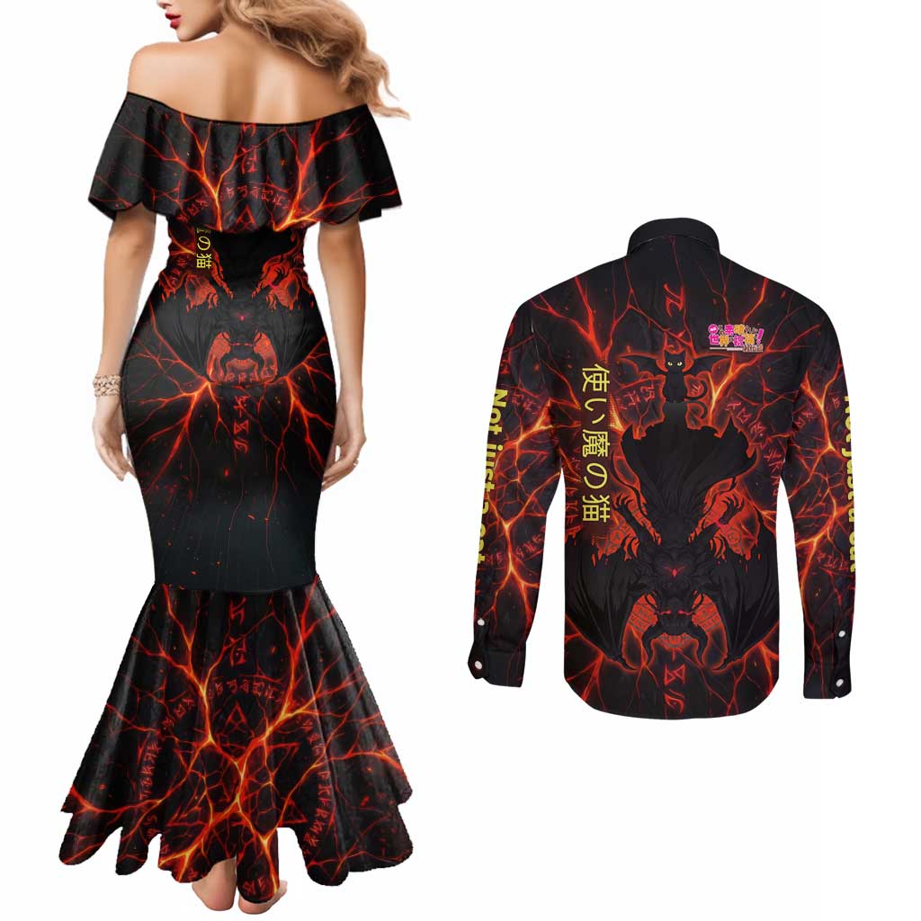 Chomosuke Demon Familiar Couples Matching Mermaid Dress and Long Sleeve Button Shirt Infernal Rune Flame Art Style