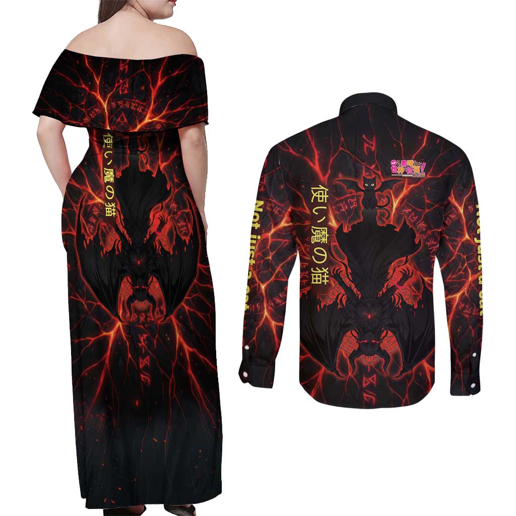 Chomosuke Demon Familiar Couples Matching Off Shoulder Maxi Dress and Long Sleeve Button Shirt Infernal Rune Flame Art Style