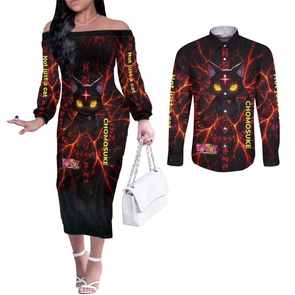 Chomosuke Demon Familiar Couples Matching Off The Shoulder Long Sleeve Dress and Long Sleeve Button Shirt Infernal Rune Flame Art Style