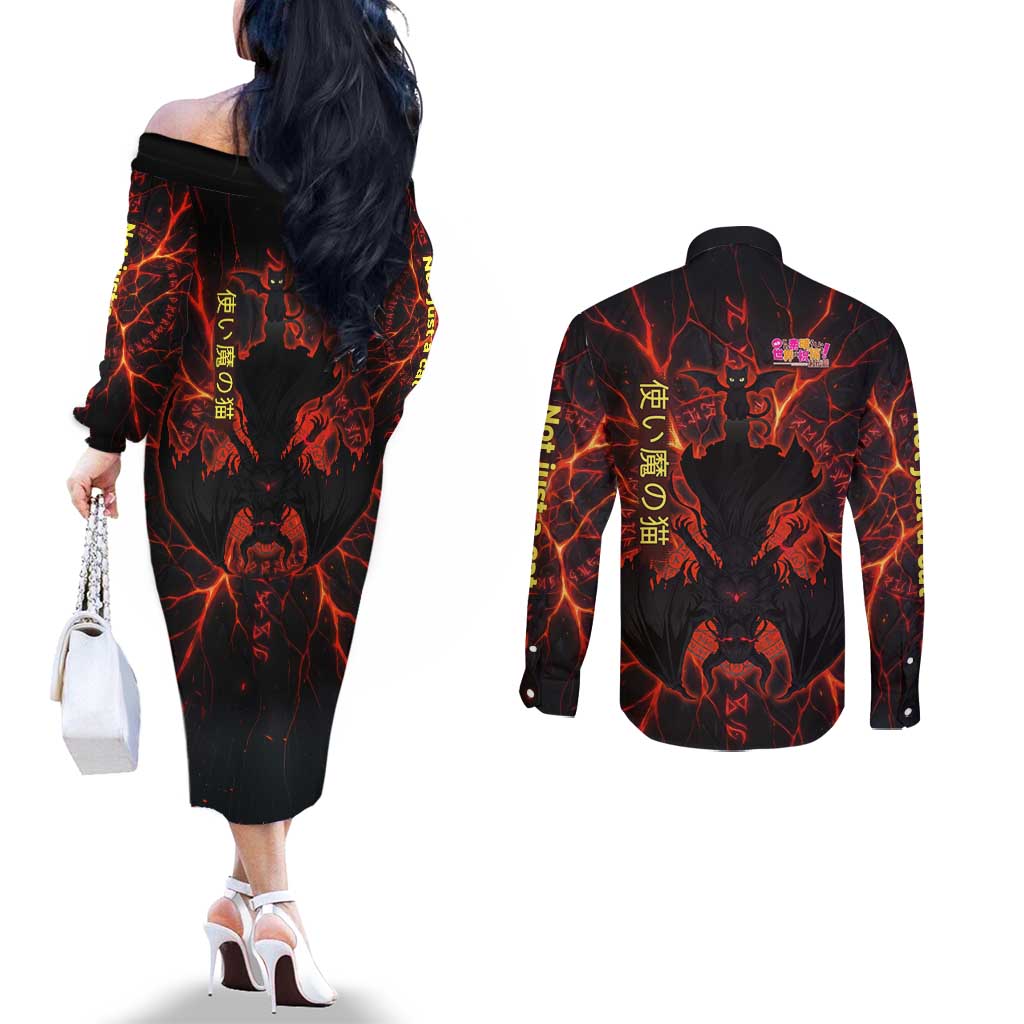 Chomosuke Demon Familiar Couples Matching Off The Shoulder Long Sleeve Dress and Long Sleeve Button Shirt Infernal Rune Flame Art Style