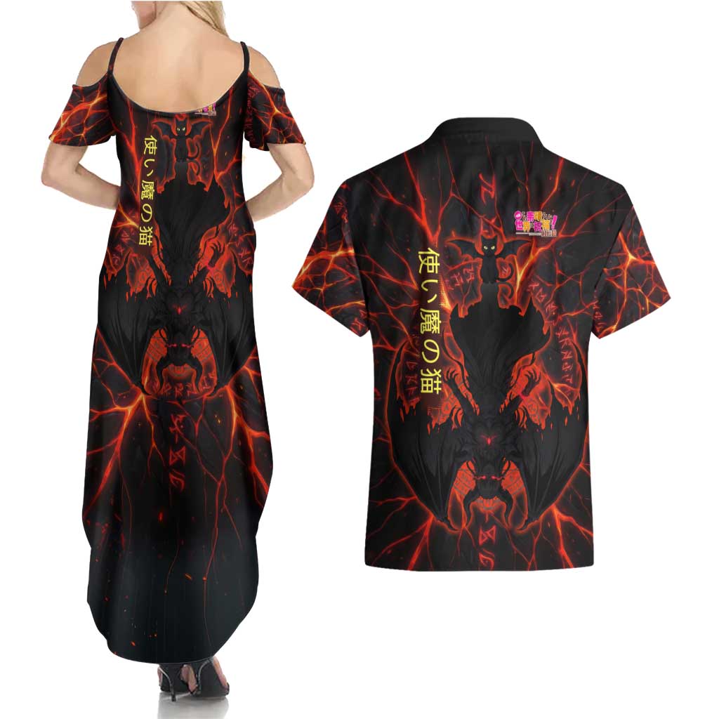 Chomosuke Demon Familiar Couples Matching Summer Maxi Dress and Hawaiian Shirt Infernal Rune Flame Art Style