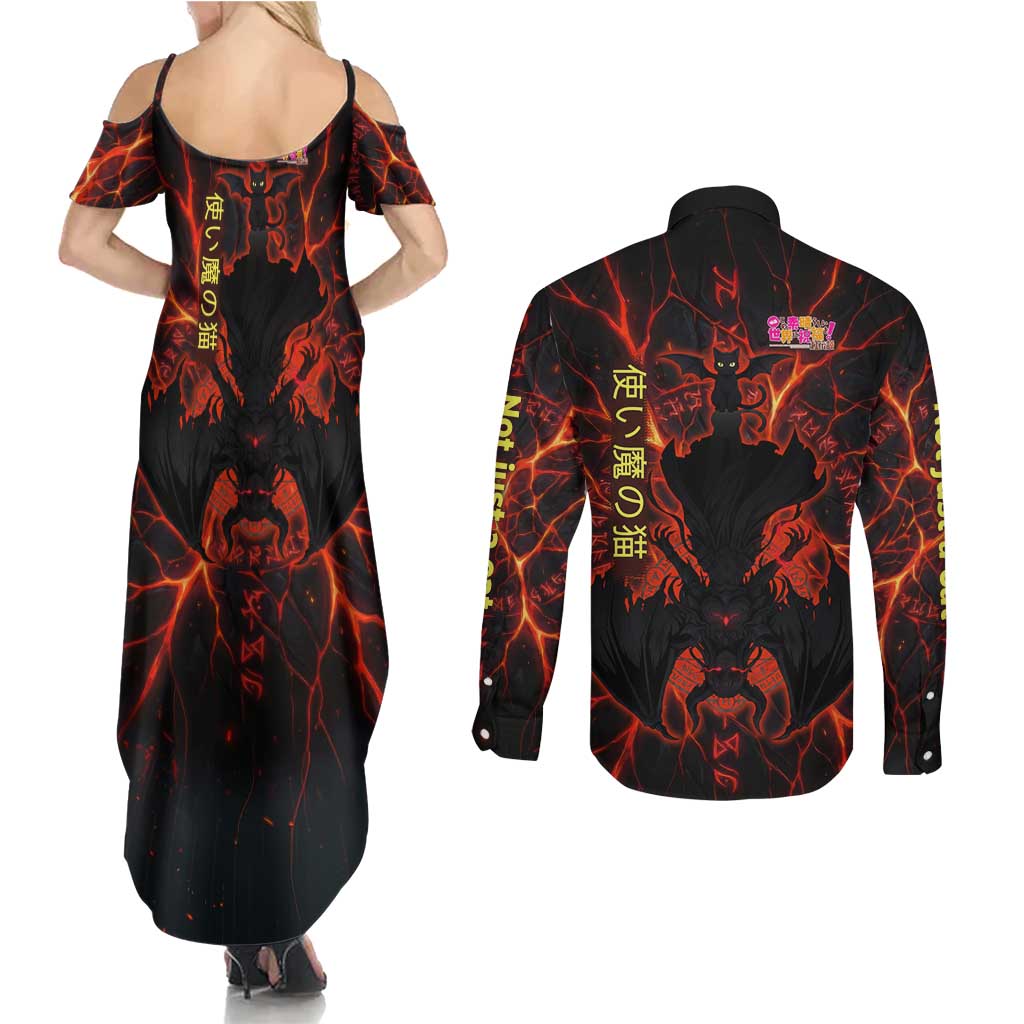 Chomosuke Demon Familiar Couples Matching Summer Maxi Dress and Long Sleeve Button Shirt Infernal Rune Flame Art Style