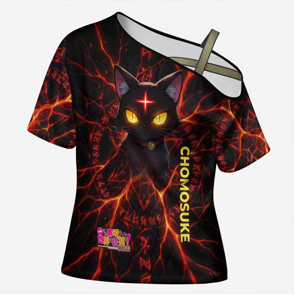 Chomosuke Demon Familiar Cross Shoulder Shirt Infernal Rune Flame Art Style