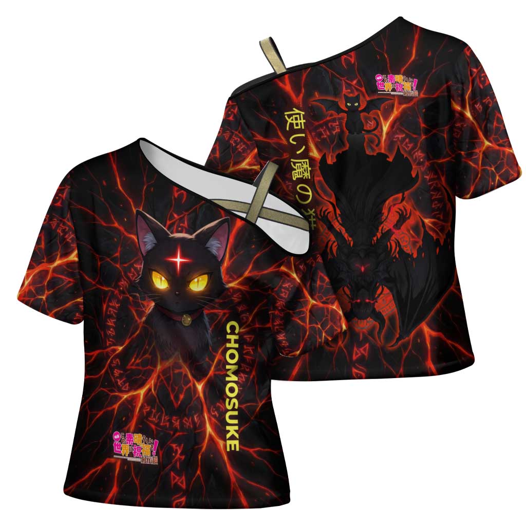 Chomosuke Demon Familiar Cross Shoulder Shirt Infernal Rune Flame Art Style