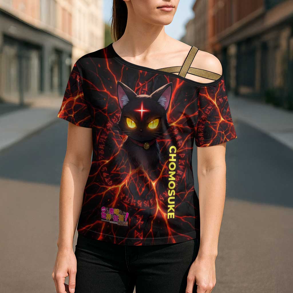 Chomosuke Demon Familiar Cross Shoulder Shirt Infernal Rune Flame Art Style