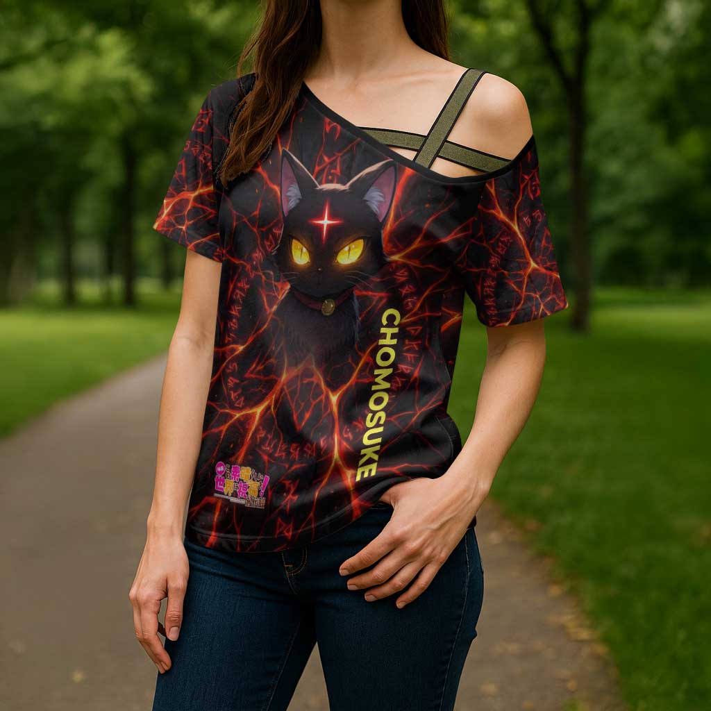 Chomosuke Demon Familiar Cross Shoulder Shirt Infernal Rune Flame Art Style