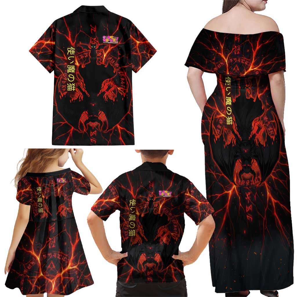 Chomosuke Demon Familiar Family Matching Off Shoulder Maxi Dress and Hawaiian Shirt Infernal Rune Flame Art Style