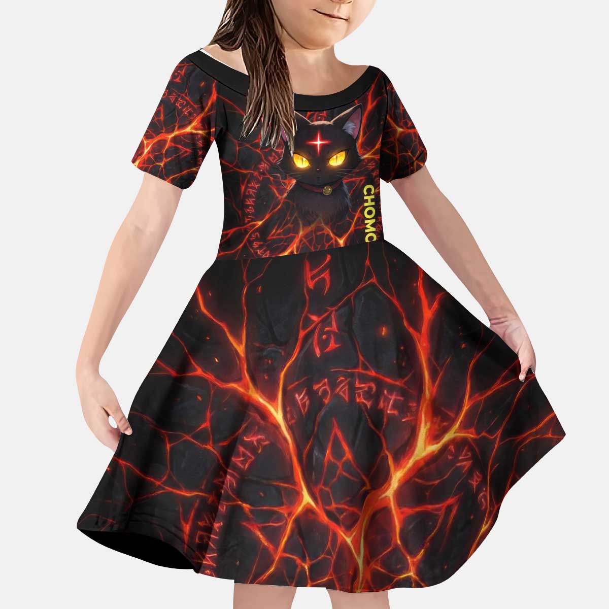 Chomosuke Demon Familiar Kid Short Sleeve Dress Infernal Rune Flame Art Style