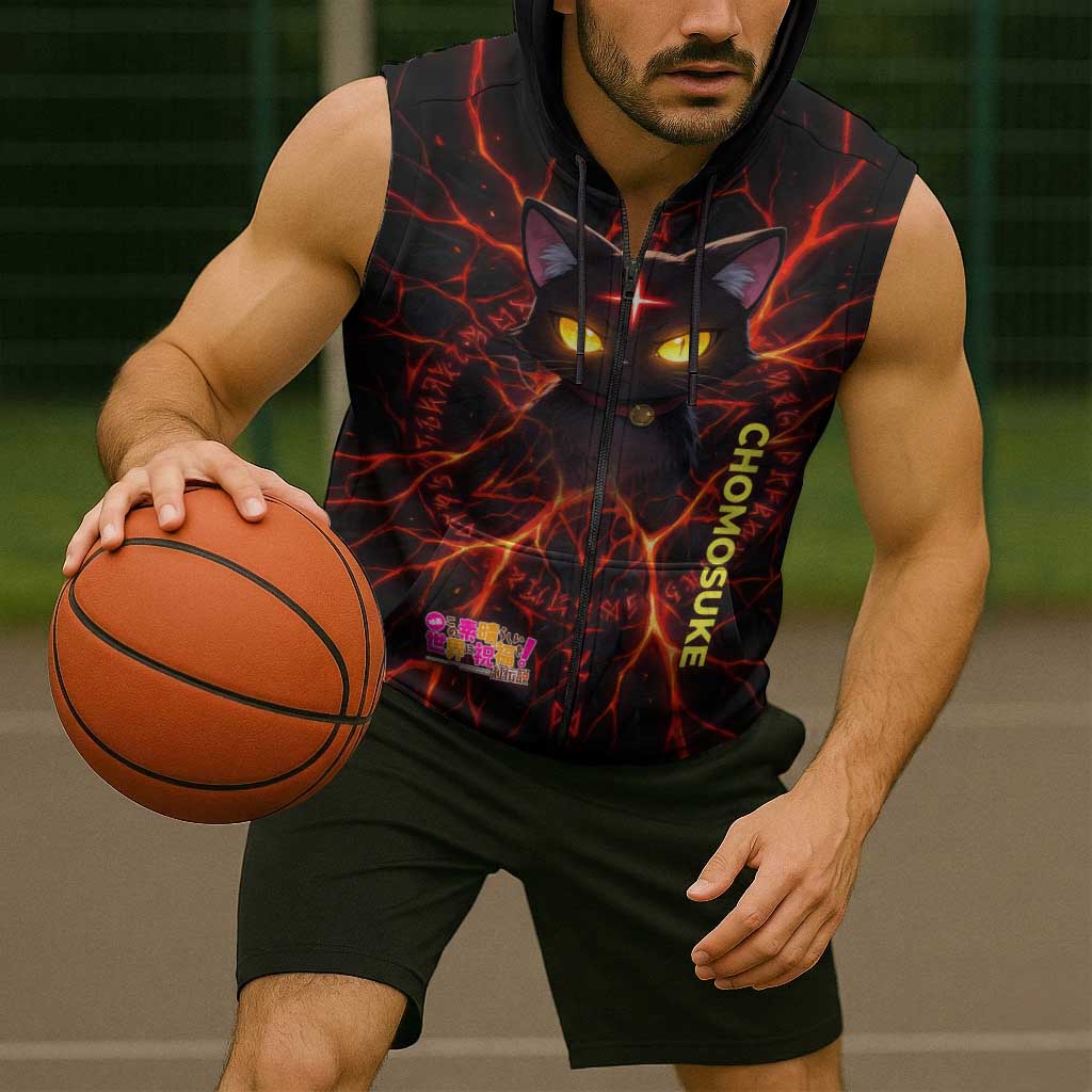 Chomosuke Demon Familiar Sleeveless Zip Hoodie Infernal Rune Flame Art Style