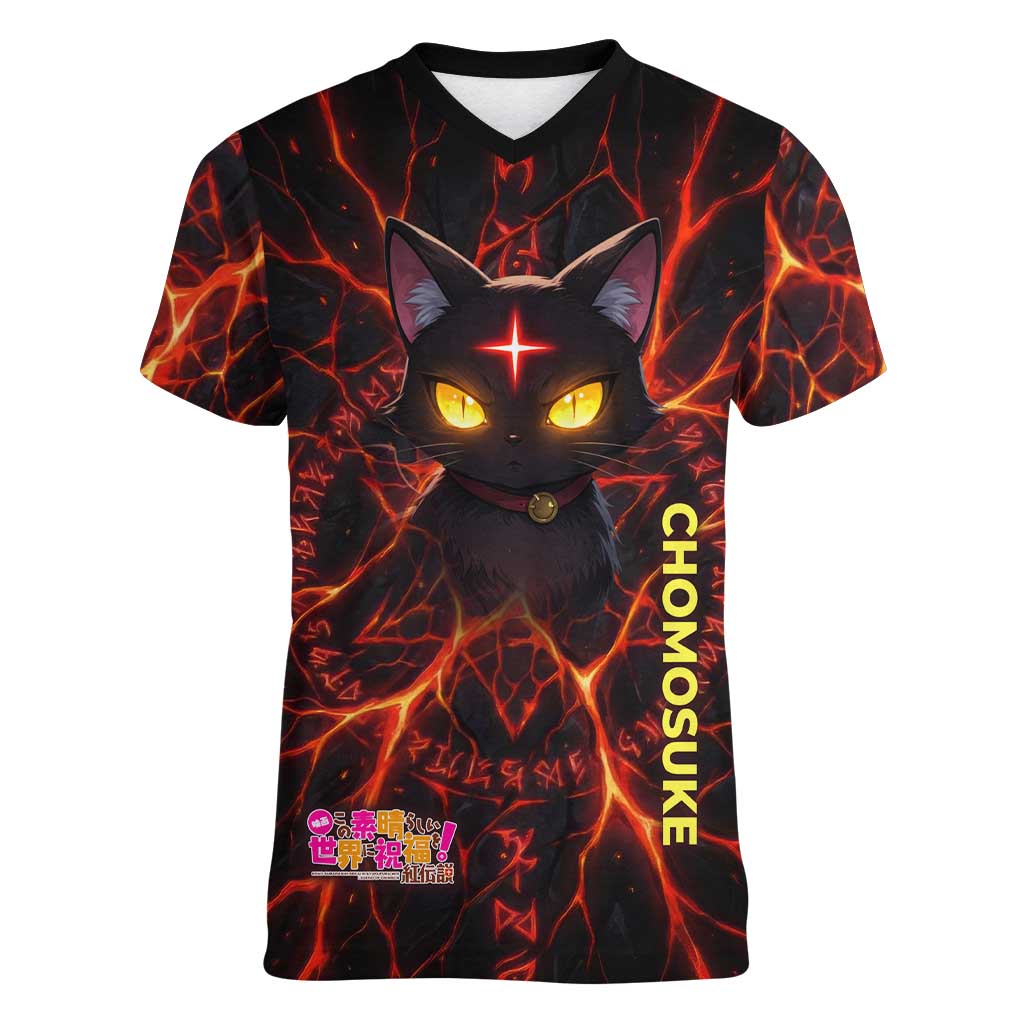 Chomosuke Demon Familiar Women V-Neck T-Shirt Infernal Rune Flame Art Style