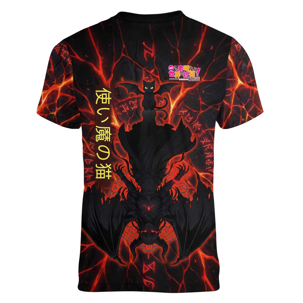 Chomosuke Demon Familiar Women V-Neck T-Shirt Infernal Rune Flame Art Style