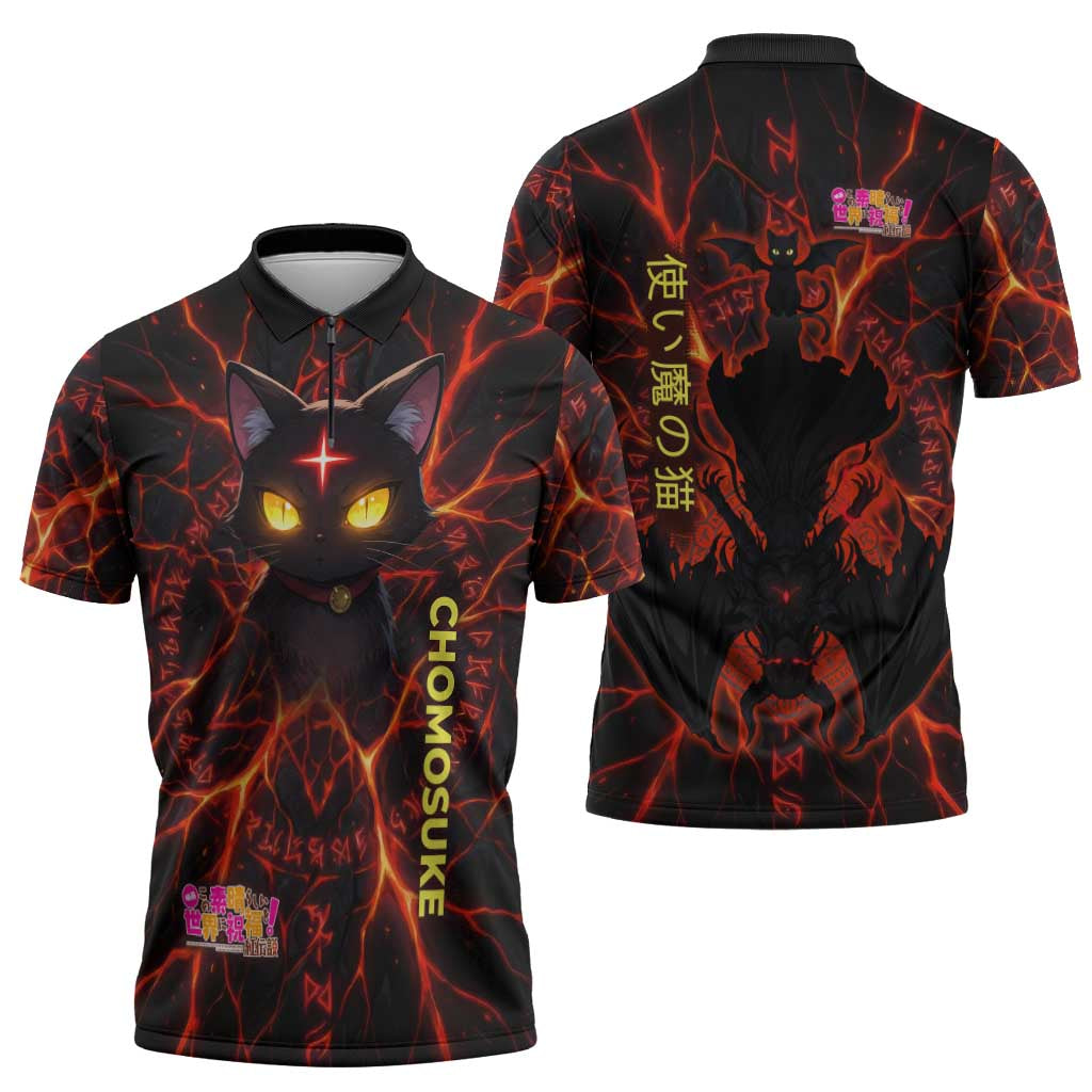Chomosuke Demon Familiar Zipper Polo Shirt Infernal Rune Flame Art Style