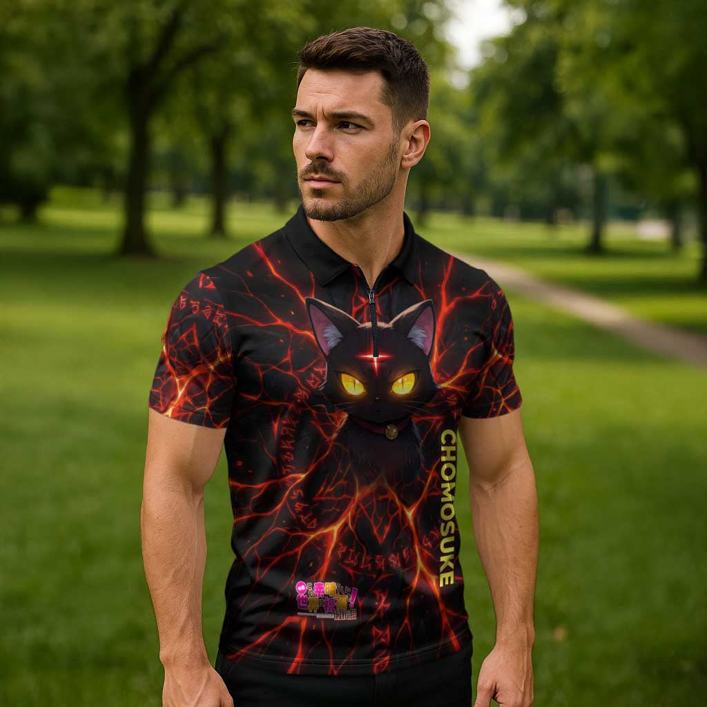 Chomosuke Demon Familiar Zipper Polo Shirt Infernal Rune Flame Art Style