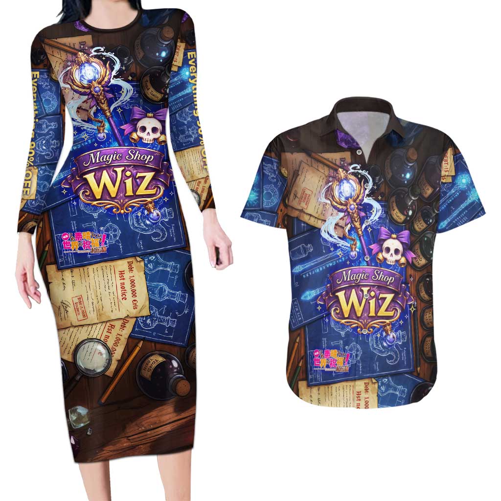 Wiz Magic Shop Couples Matching Long Sleeve Bodycon Dress and Hawaiian Shirt Alchemical Fantasy Blueprint Style