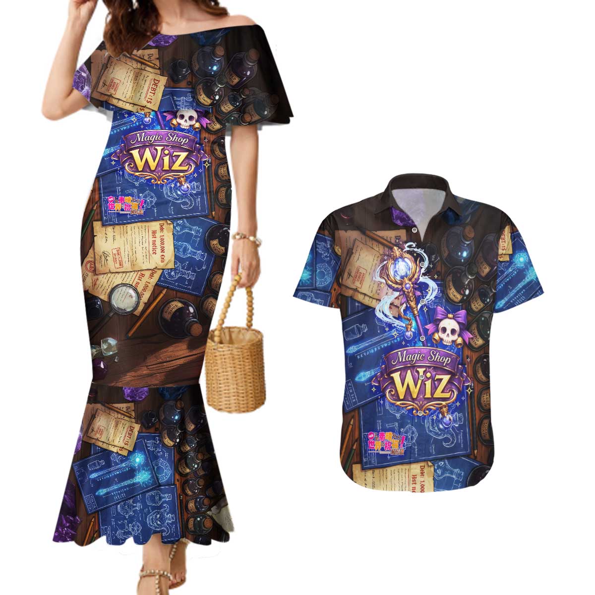 Wiz Magic Shop Couples Matching Mermaid Dress and Hawaiian Shirt Alchemical Fantasy Blueprint Style