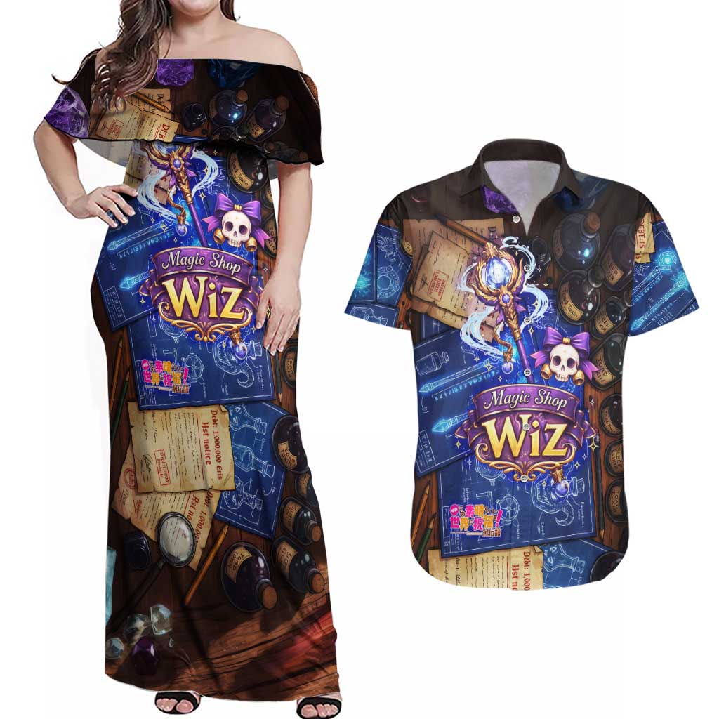 Wiz Magic Shop Couples Matching Off Shoulder Maxi Dress and Hawaiian Shirt Alchemical Fantasy Blueprint Style