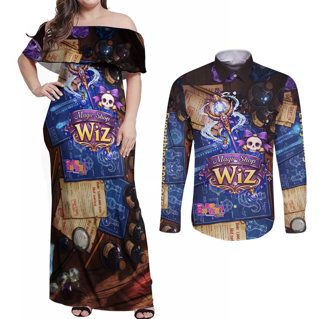 Wiz Magic Shop Couples Matching Off Shoulder Maxi Dress and Long Sleeve Button Shirt Alchemical Fantasy Blueprint Style