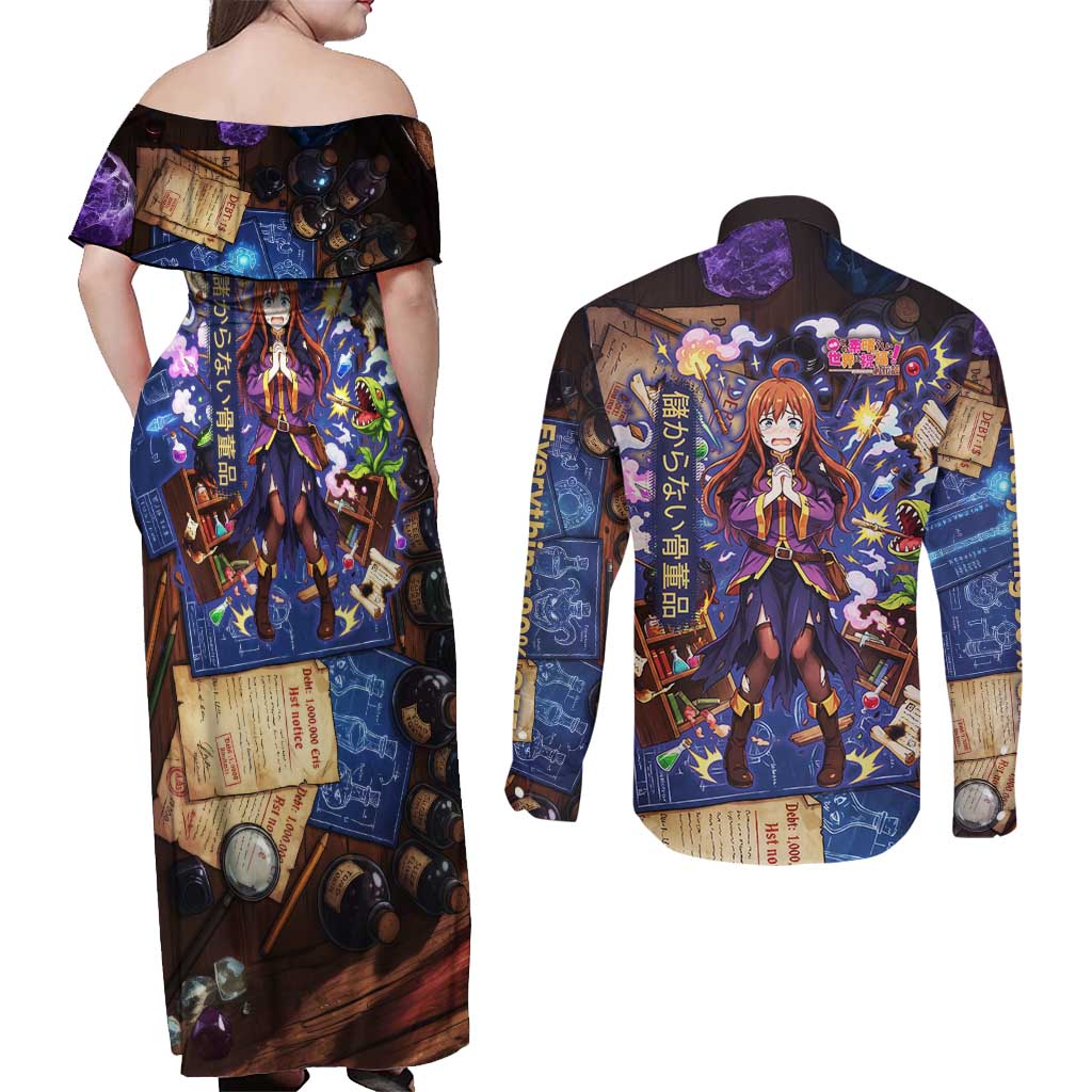 Wiz Magic Shop Couples Matching Off Shoulder Maxi Dress and Long Sleeve Button Shirt Alchemical Fantasy Blueprint Style