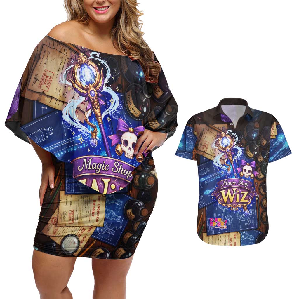 Wiz Magic Shop Couples Matching Off Shoulder Short Dress and Hawaiian Shirt Alchemical Fantasy Blueprint Style