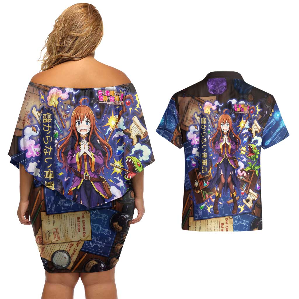 Wiz Magic Shop Couples Matching Off Shoulder Short Dress and Hawaiian Shirt Alchemical Fantasy Blueprint Style
