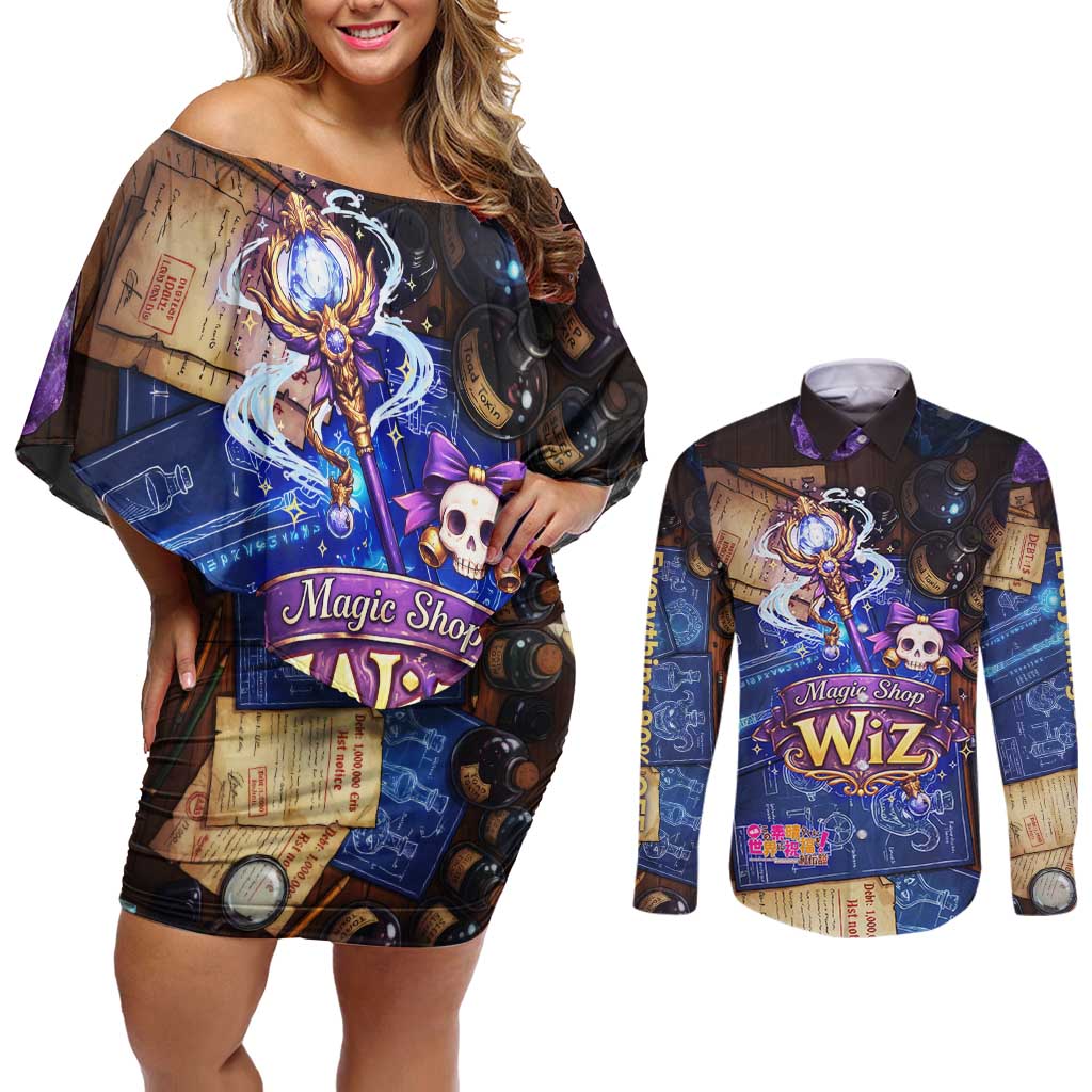 Wiz Magic Shop Couples Matching Off Shoulder Short Dress and Long Sleeve Button Shirt Alchemical Fantasy Blueprint Style